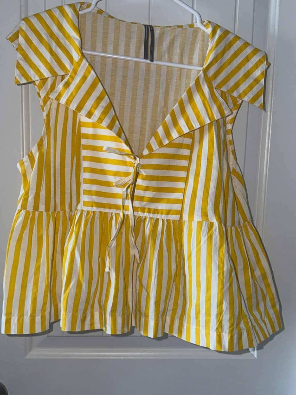 Anthropologie Yellow and White Striped Tie-Front Peplum Top